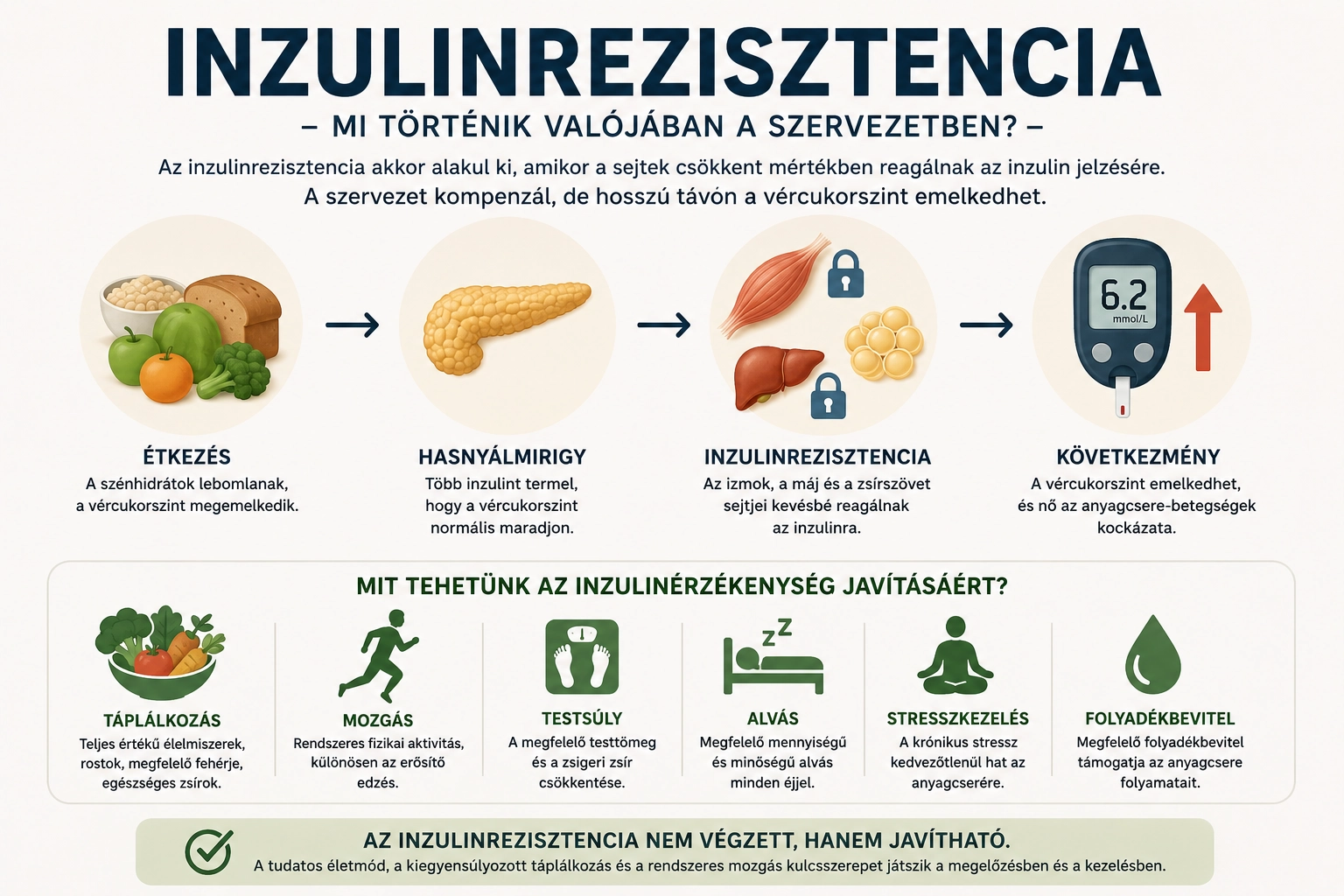 Az inzulinrezisztencia kialakulásának egyszerű folyamatábrája és az inzulinérzékenységet támogató életmódi tényezők