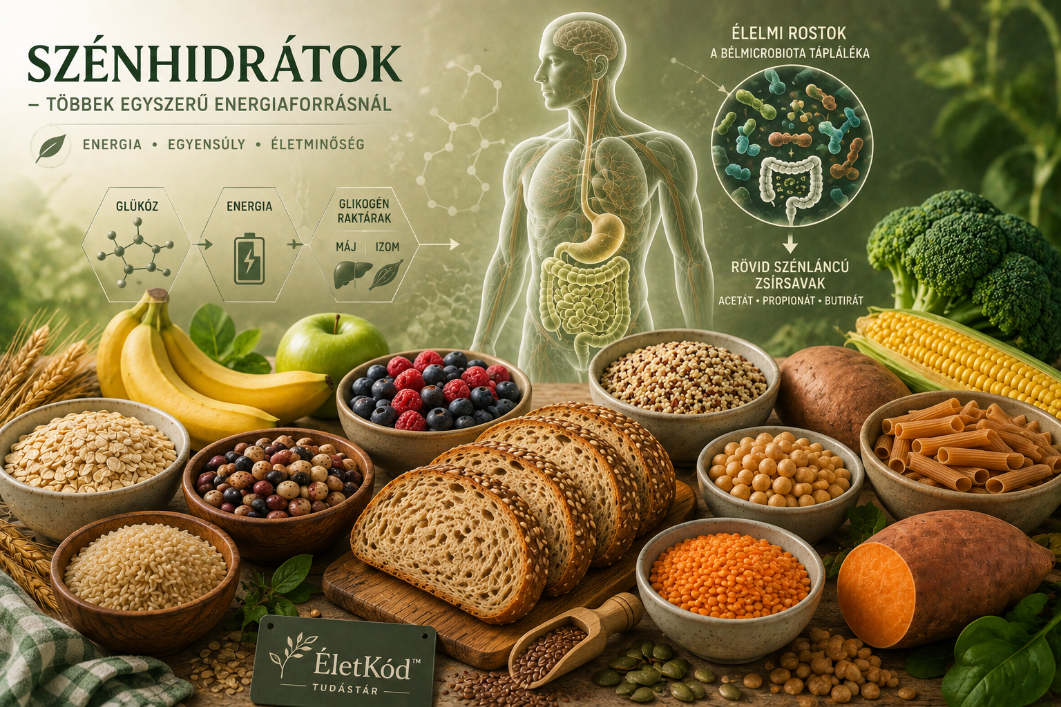 Szénhidrátforrások, glükóz, glikogén, élelmi rostok és a bélmikrobiota szerepe