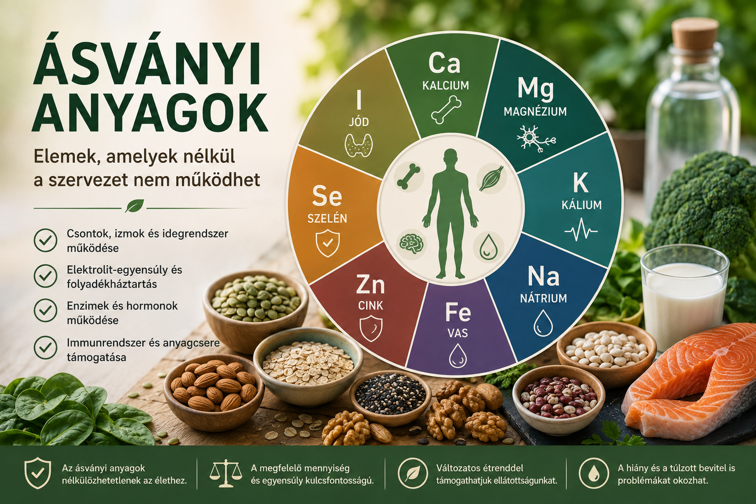 Ásványi anyagok – nélkülözhetetlen elemek a csontok, izmok, idegrendszer és anyagcsere működéséhez