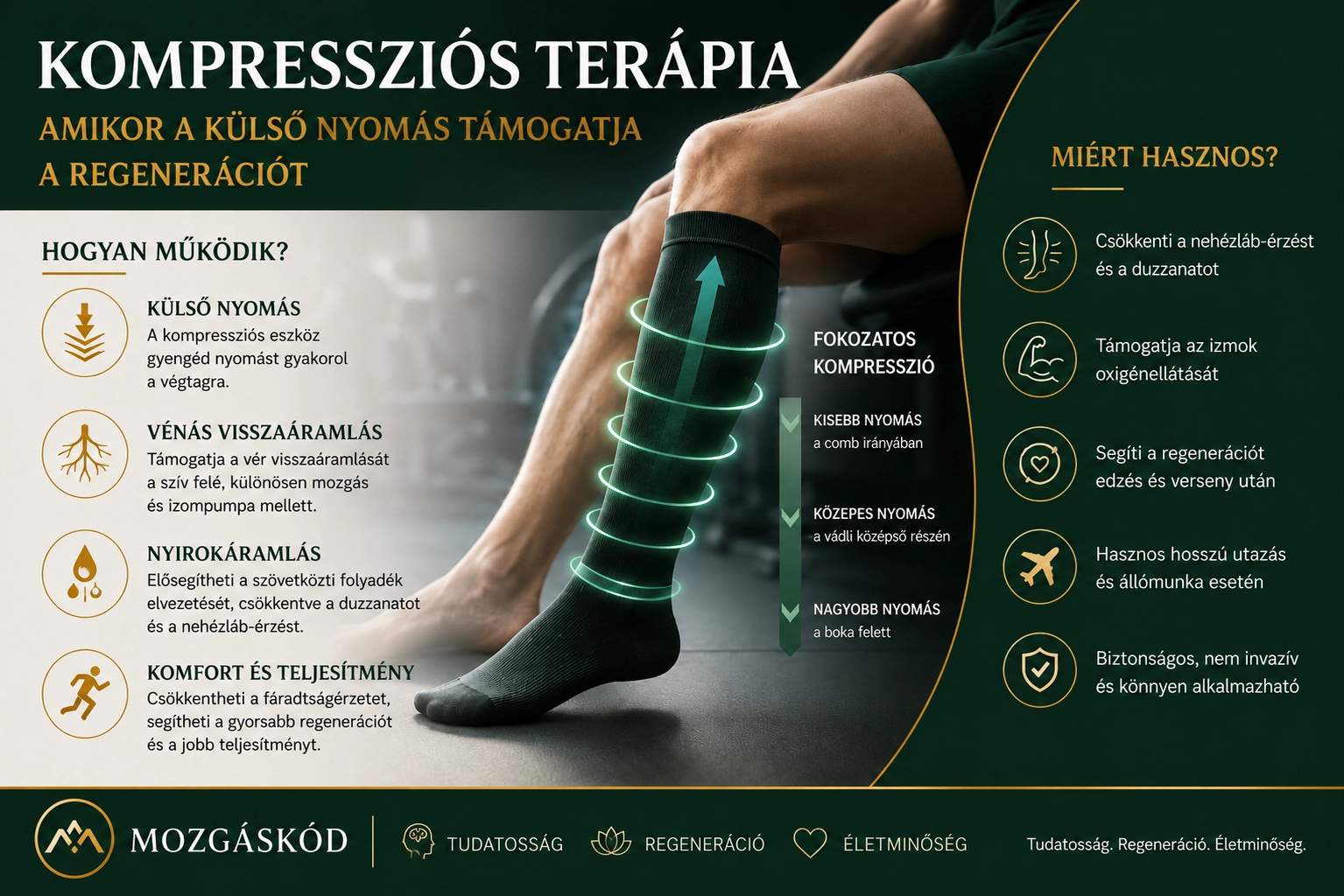 Kompressziós terápia – graduált külső nyomás és vénás visszaáramlás szemléltetése