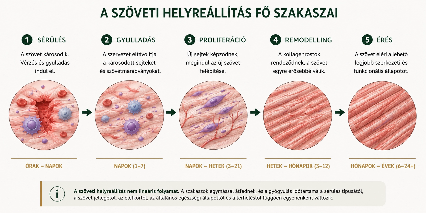 A szöveti helyreállítás fő szakaszai a sérüléstől a remodellingig