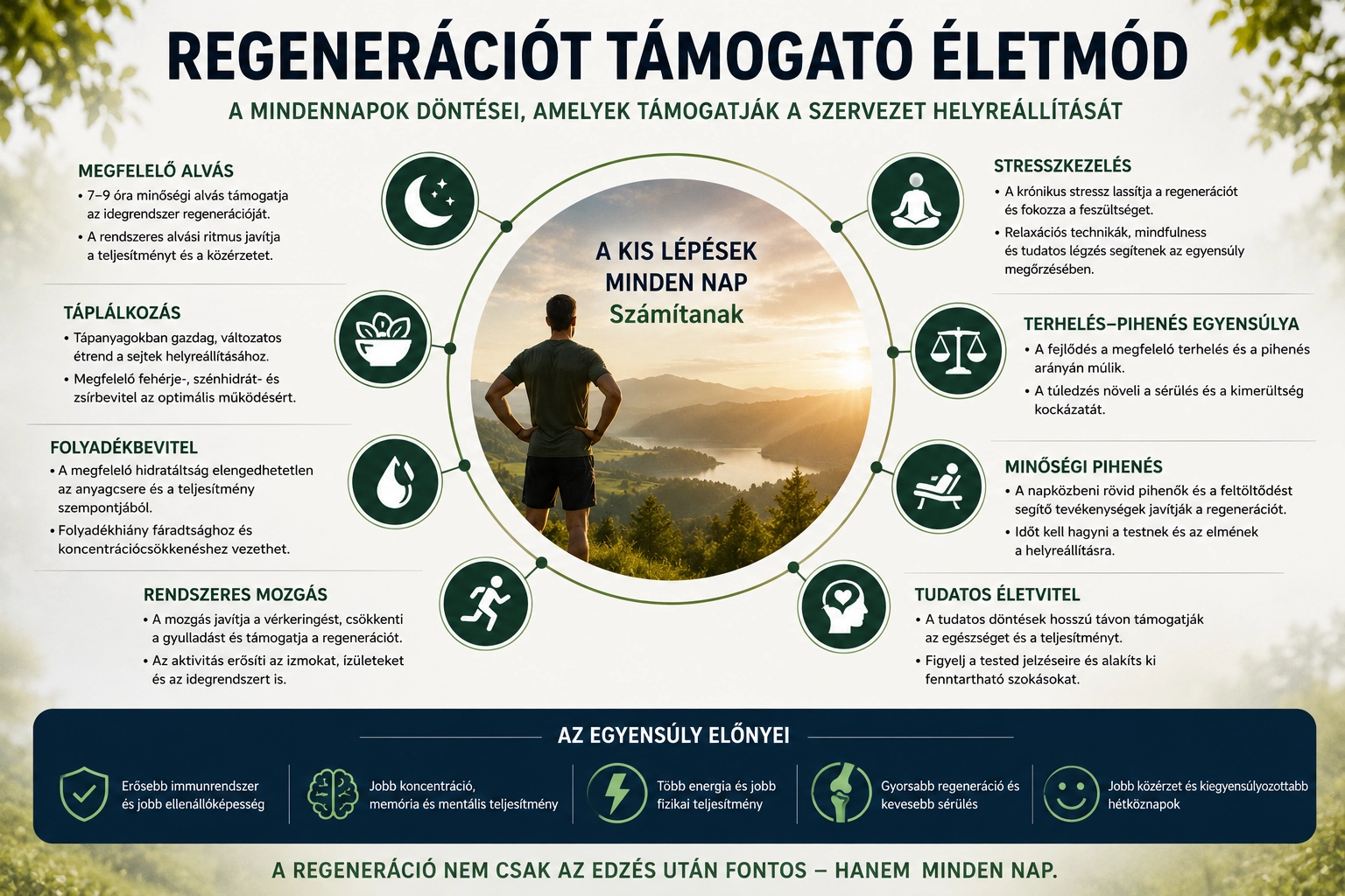 A regenerációt támogató életmód fő elemei: alvás, táplálkozás, folyadékbevitel, mozgás, pihenés és stresszkezelés