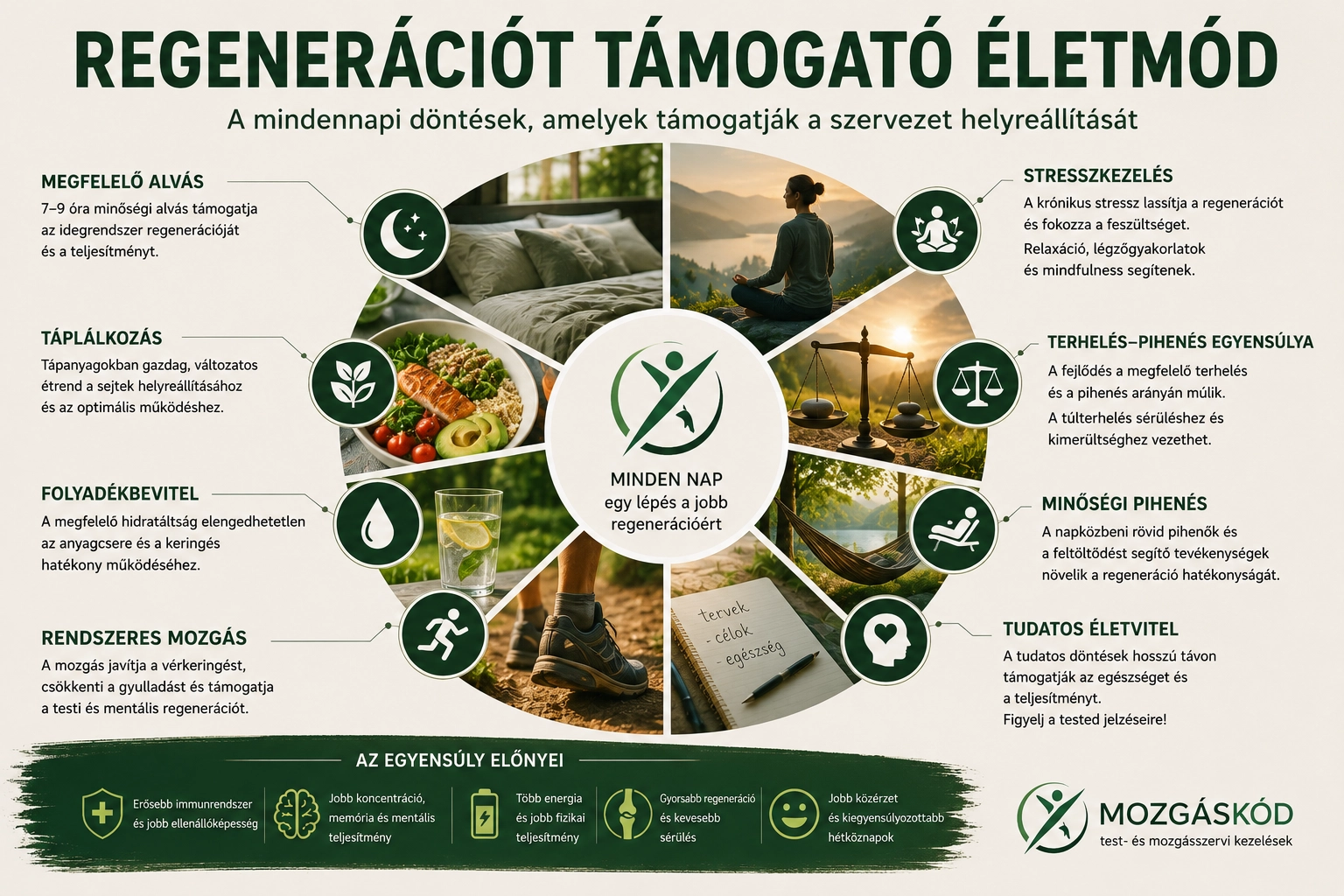 A regenerációt támogató mindennapi szokások vizuális összefoglalása